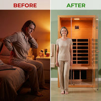 1 Person Extendable FAR Infrared Sauna for Home, Hemlock Wood Low EMF 6 Carbon Heaters Indoor Saunas with LED Lights, Bluetooth Speaker, Digital Control Panel, and Seating Bench — Before & After