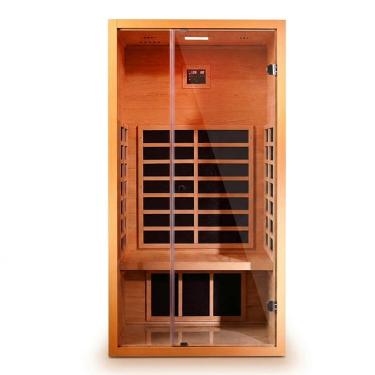 1 Person Extendable FAR Infrared Sauna for Home, Hemlock Wood Low EMF 6 Carbon Heaters Indoor Saunas with LED Lights, Bluetooth Speaker, Digital Control Panel, and Seating Bench — Studio Shot