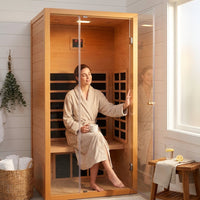 1 Person Extendable FAR Infrared Sauna for Home, Hemlock Wood Low EMF 6 Carbon Heaters Indoor Saunas with LED Lights, Bluetooth Speaker, Digital Control Panel, and Seating Bench — Lifestyle